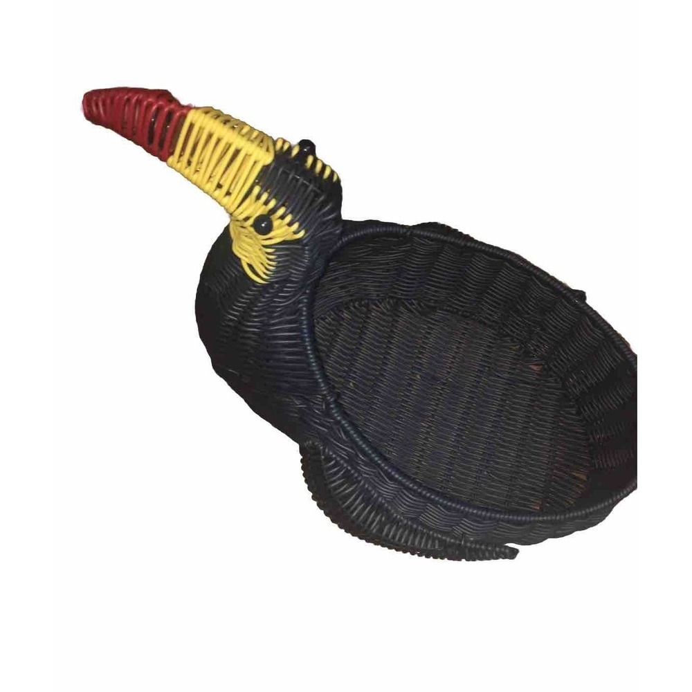 Handcrafted Woven Toucan ? Bird Figurine Basket Red Beak‎ Green Wings Vintage